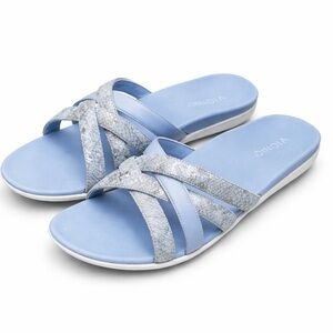 Vionic Dave Boa Slide Sandals Blue Snake Embossed Comfort Orthotic Women’s 8.5